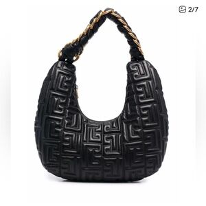 Balmain Black Embossed Hobo Bag with Gold Details